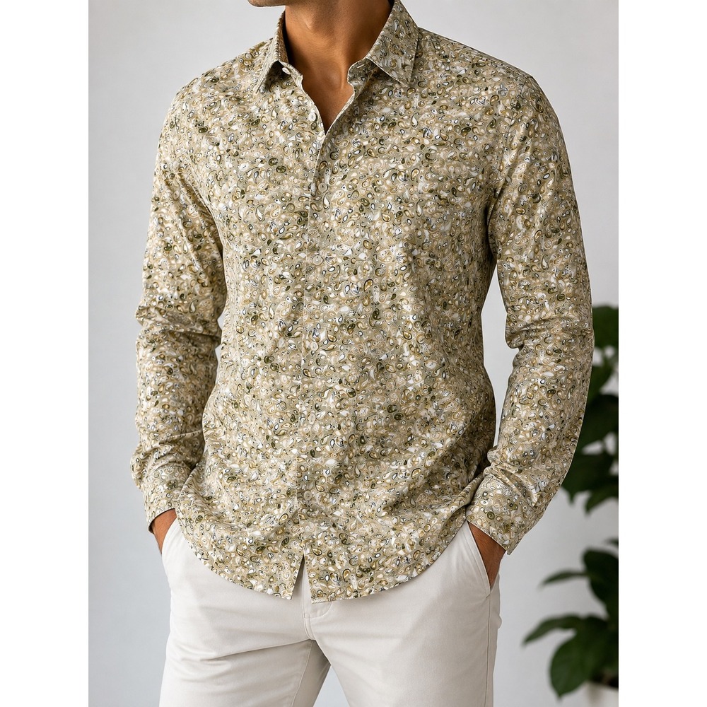 Alan Flusser Paisley Button Down Shirt Cotton Long Sleeve Olive Tan Mens Large